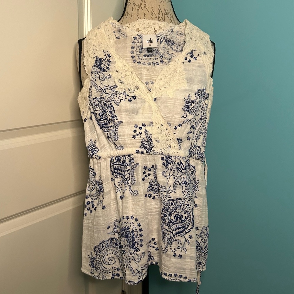cabi blue tea-cup print peplum top